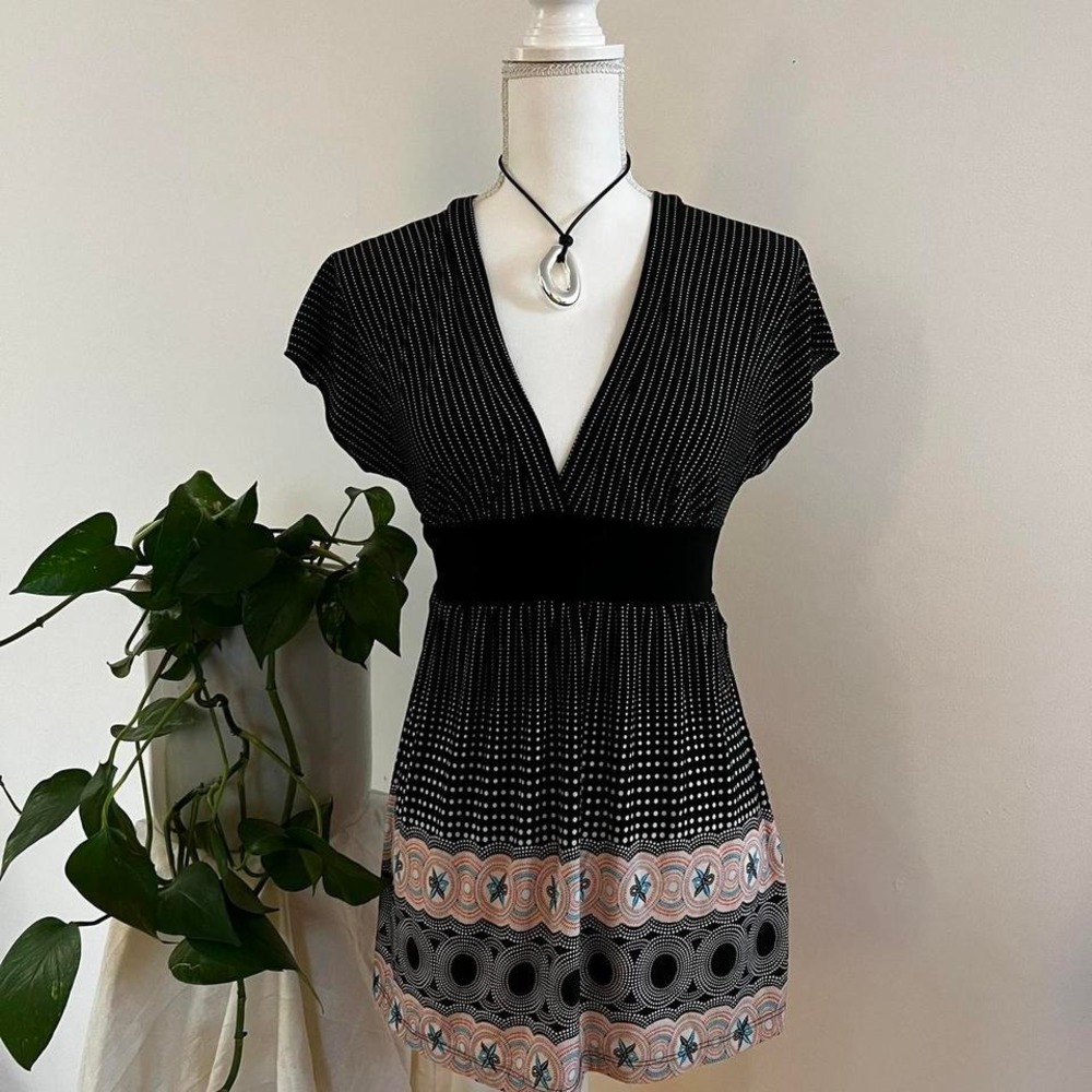 Y2K Charlotte Russe Baby Doll V Neck Top with Tie Black Polkadot and Patterned L